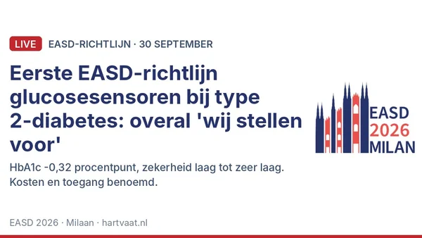 Eerste EASD-richtlijn over glucosesensoren bij type 2-diabetes: voorwaardelijk 'wij stellen voor' in alle groepen, HbA1c 0,32 procentpunt lager, bewijs van lage zekerheid