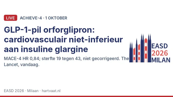 ACHIEVE-4: de GLP-1-pil orforglipron is cardiovasculair niet-inferieur aan insuline glargine bij type 2-diabetes met hoog risico, met een onbewezen sterftesignaal en drie keer minder hypoglykemie