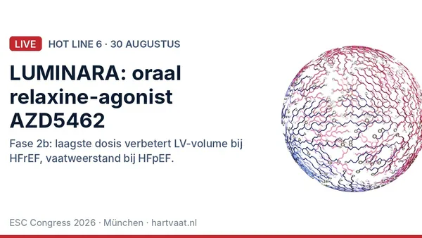 LUMINARA: de orale relaxine-receptoragonist AZD5462 laat in fase 2b tekenen van betere hartfunctie zien bij HFrEF en een lagere vaatweerstand bij HFpEF
