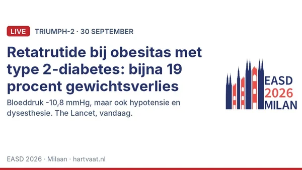 TRIUMPH-2: retatrutide geeft bij obesitas met type 2-diabetes tot 18,8 procent gewichtsverlies en 10,8 mmHg lagere bloeddruk, met hypotensie en dysesthesie als nieuwe signalen