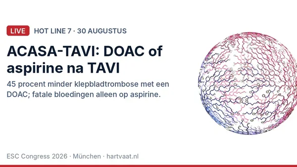 ACASA-TAVI: een DOAC in plaats van aspirine na TAVI halveert de klepbladtrombose op CT en is even veilig, met levensbedreigende bloedingen alleen in de aspirinegroep