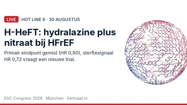 H-HeFT: hydralazine plus isosorbidedinitraat bovenop moderne HFrEF-therapie mist het primaire eindpunt, met een sterftesignaal dat om een nieuwe trial vraagt